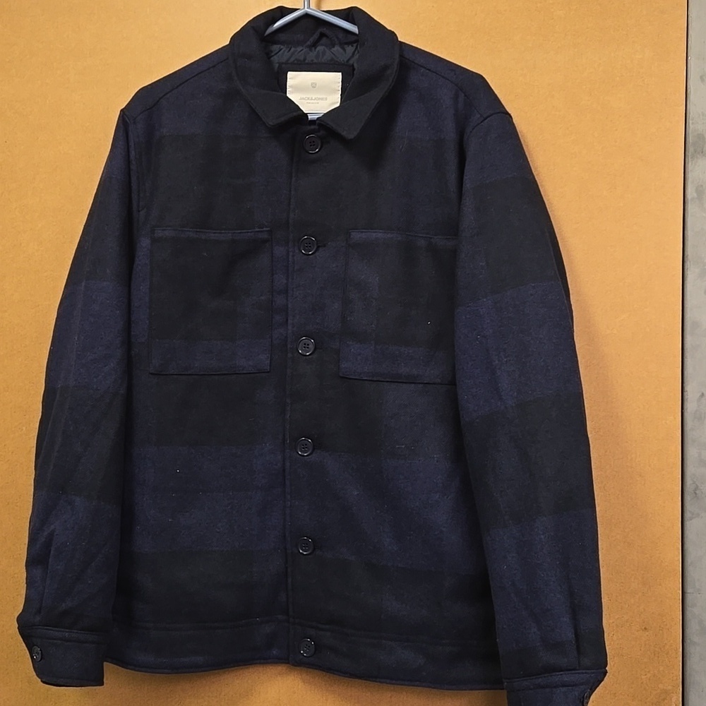 Jack & Jones Size L Blue Checkered Button Down Insulated Jacket